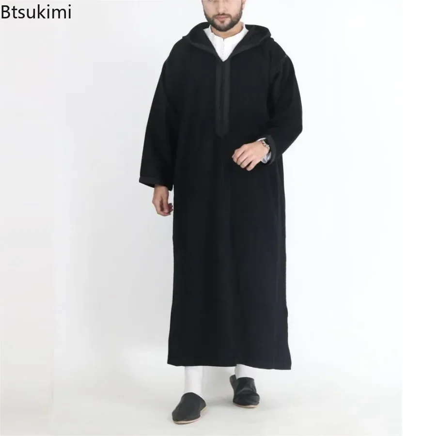 New 2024 Muslim Jubba Thobe Clothes Men Hoodie Ramadan Robe Kaftan Abaya Dubai Turkey Islamic Clothing Male Casual Loose Robe