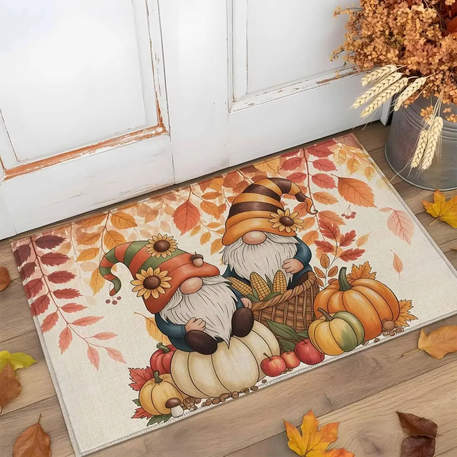 Fall Gnome Pumpkin Door Mat Autumn Maple Leaf Sunflower Print Floor Mat Harvest Season Rug for Entryway Indoor Home Decor