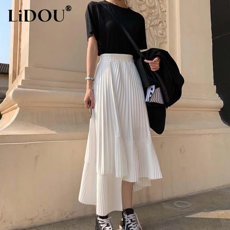 

Summer New Solid Color Asymmetrical Pleated Cake Skirt 2023 Women Korean Style High Waist Mid Length Style Sweet A-line Skirt