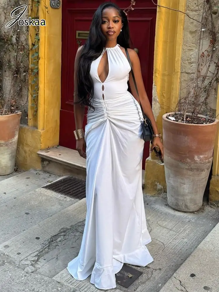 

Joskaa Elegant O-Neck Sleeveless Hollow Ruched Bodycon Maxi Evening Dress for Women 2025 Summer Vacation Birthday Party Clubwear