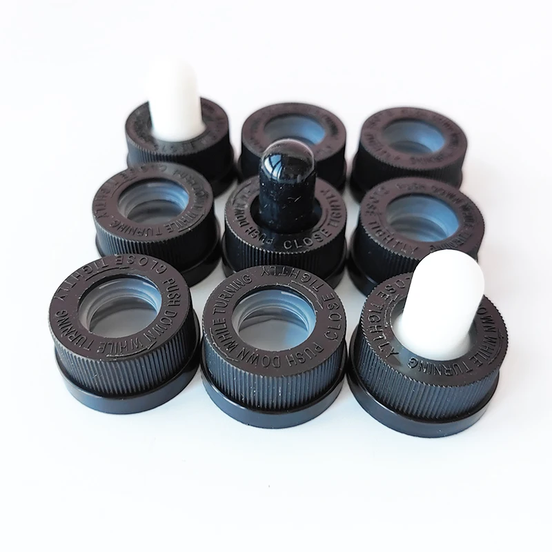 100Pcs*18mm 20mm 410 Neck Size Childproof Press Screw Dropper Lids Covers For 5-100ml Glass Essential Oils Serum Liquid Bottles