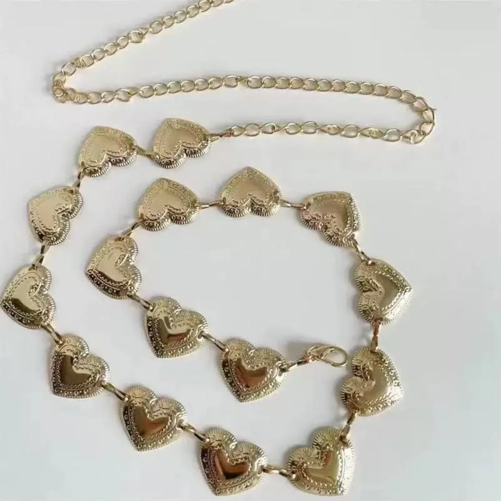 Lindo cinturón de cadena de hip-hop con forma de corazón para jeans, pantalones y vestidos de mujer plateados y dorados