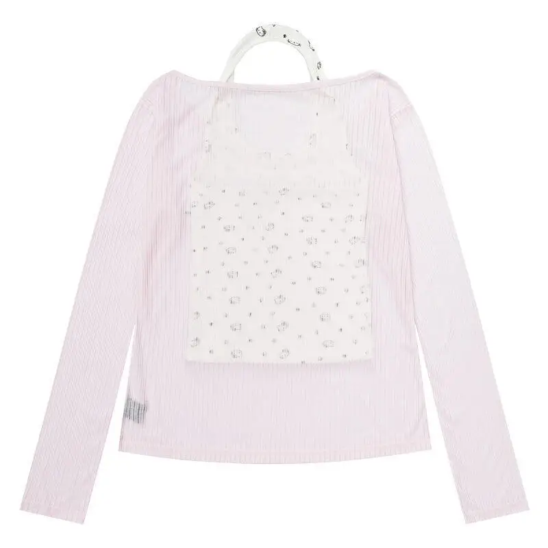Tank Tops Halter Neck Long Sleeve T-Shirt Hello Kitty Women's Spring Summer Sanrio New Hot Girl Blouse Two-Piece Top Sweet Style