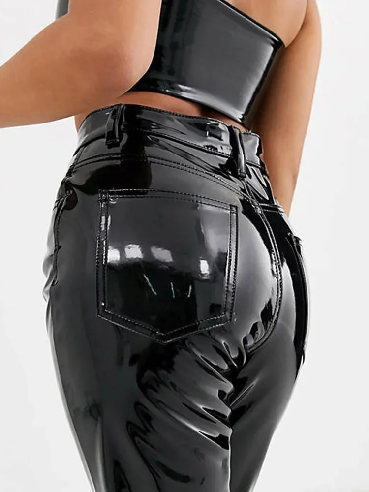 Women High Waist Faxu Latex Pencil Pants Shiny Patent Leather Buttom Zipper Bodycon Trousers Ladies Clubwear Street Pants Custom