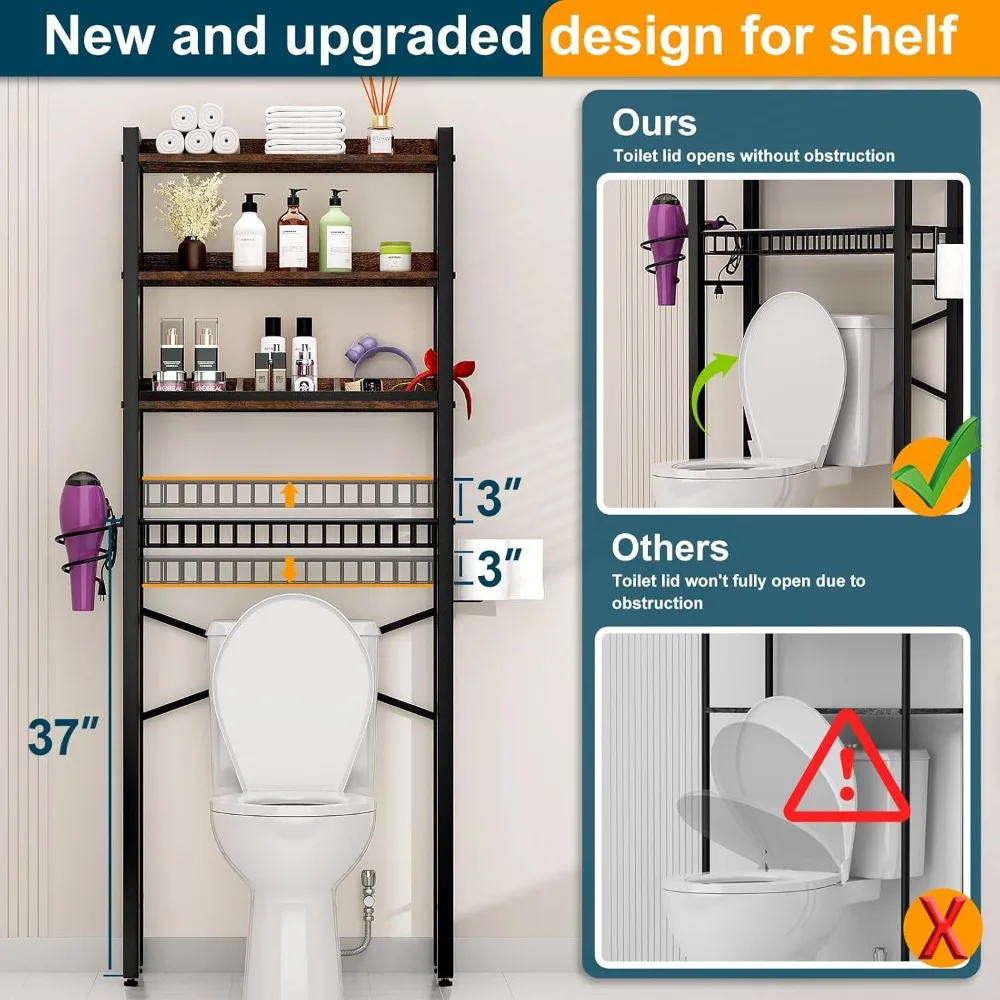 Over The Toilet Storage Cabinet,4 Tier Bathroom Organizers and Storage With Adjustable Shelf Waterproof Feet Pad and Basket