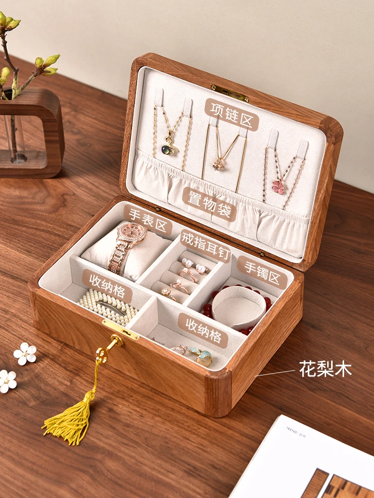 Black walnut online celebrity jewelry box 2023 new upscale three gold necklace ring jewelry storage box solid wood with lock.