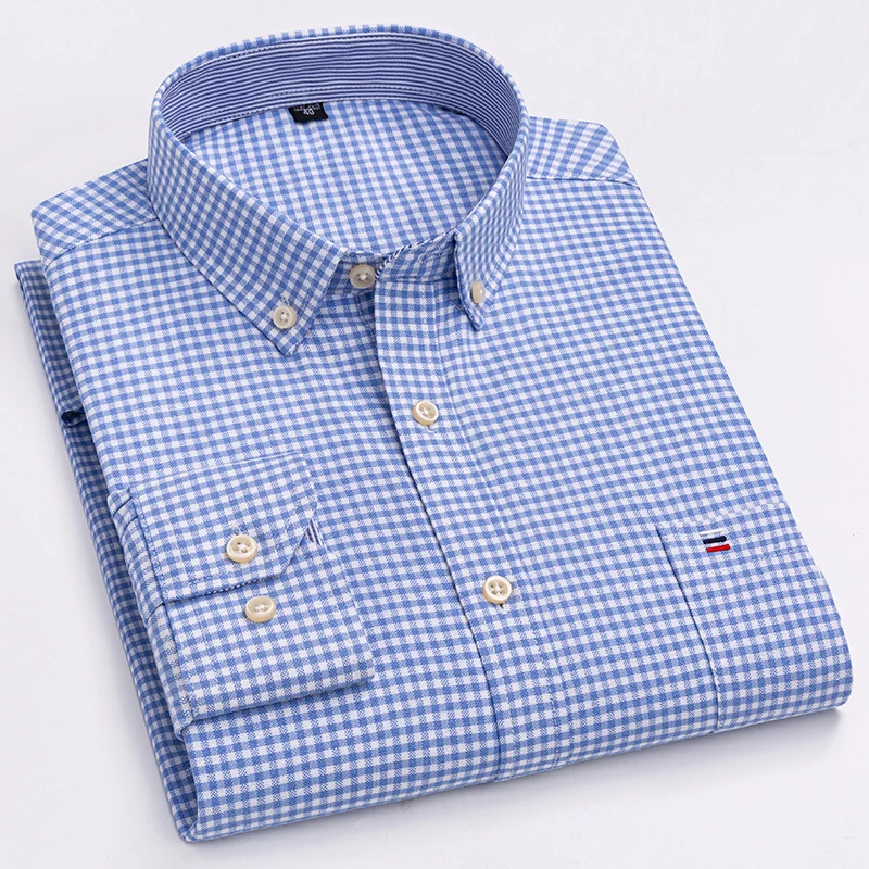 S~7XL Men's Casual Fashion Shirt Long Sleeve Pure Cotton Oxford Breathable Plaid Stripe Business Social Men's Clothes