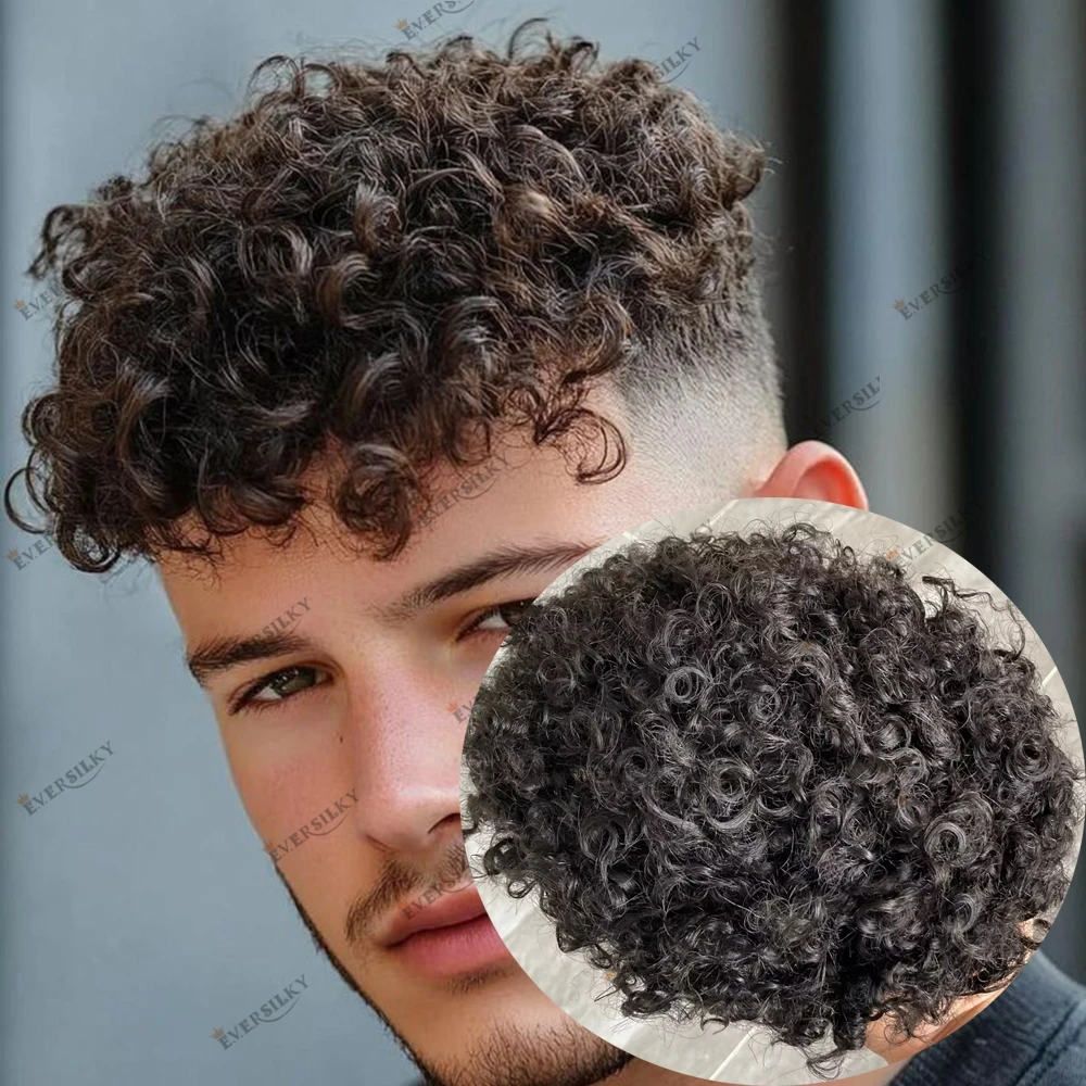 

Натуральный коричневый 15 мм вьющиеся человеческие волосы мужской парик капиллярный протез незаметный тонкая кожа натуральная линия волос мужские замена волос