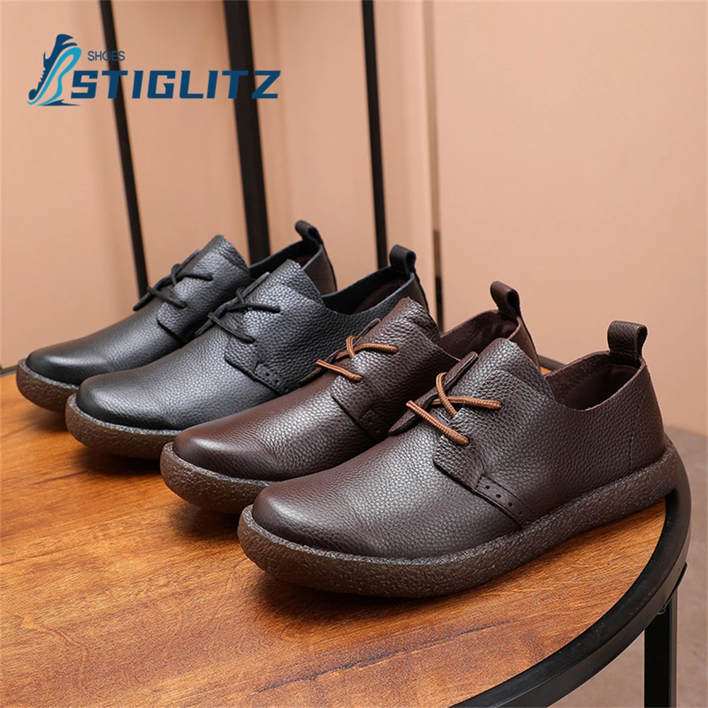 Solid Color Cowhide Lace Up Oxford Shoes for Men Non-Slip Soft Sole High Quality Men\'s Genuine Leather Shoes Flat Casual Shoes