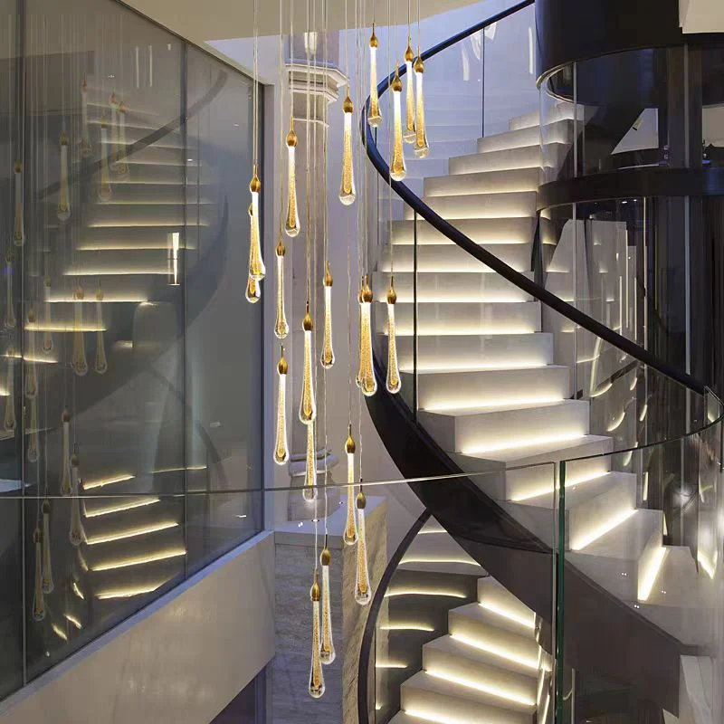 

Gold Crystal Water Drop Minimalist LED Pendant Chandelier Ceiling Light For Stair Restaurant Kitchen Island And Dining Room Ligh