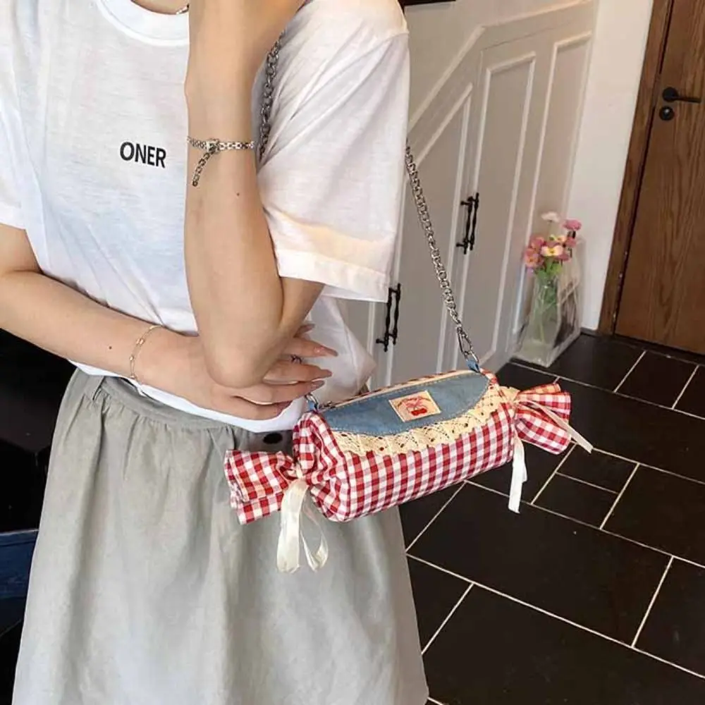 

Lightweight Canvas Candy Shape Bag Metal Chain Cloth Red Plaid Crossbody Bag Storage Pouch Cherry Denim Lace Shoulder Bag Women