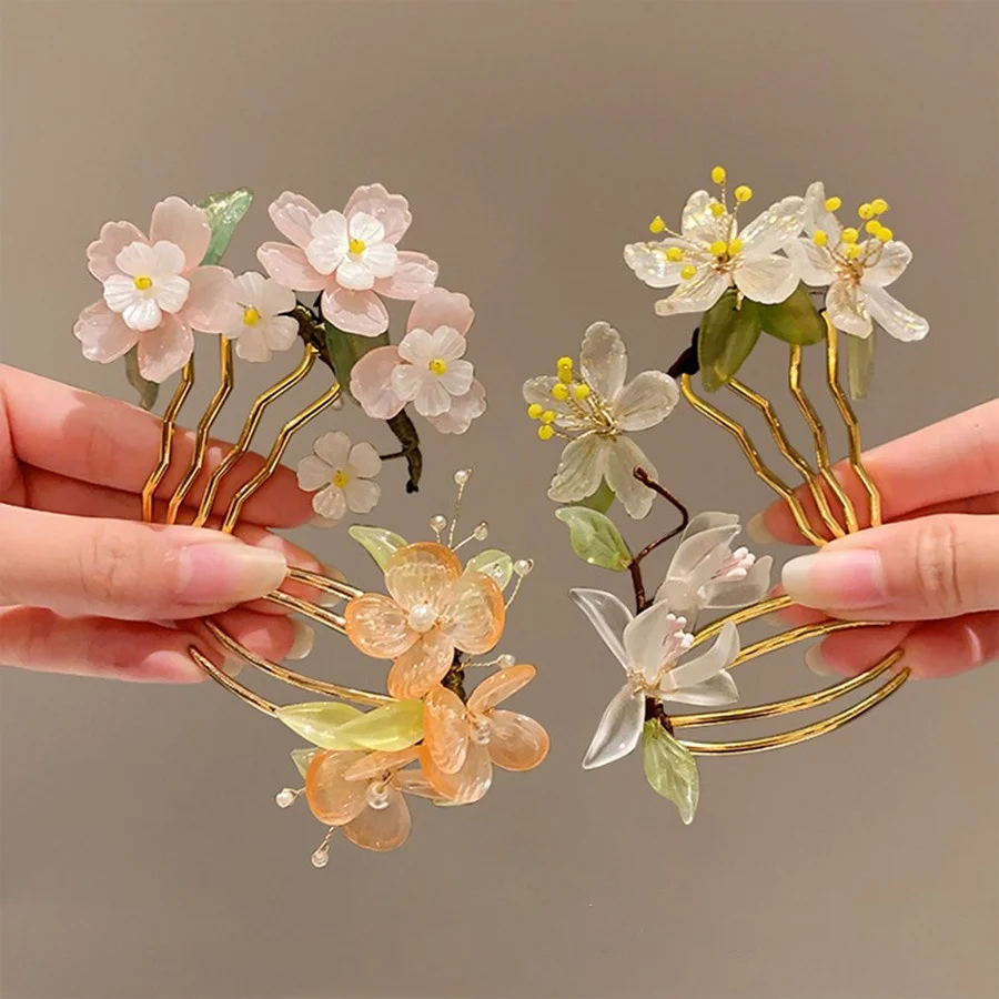 Floral Hair Comb Chinese Hanfu Hair Accessories For Women Green Flower Alloy Hairpin Hair Clips Vintage Girls Headwear Jewelry