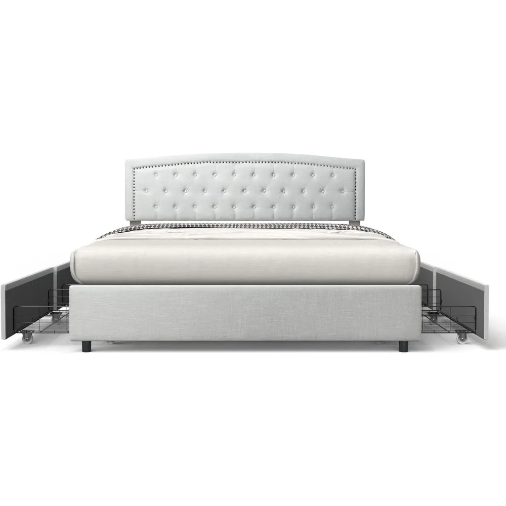 King-size storage bed frame with sand-upholstered low-profile traditional platform with tufted and studded headboard