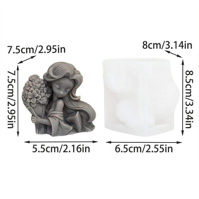Silicone Mold for Making Scented Candles in the Shape of a Girl Smiling with Flowers in Her Arms and Closed Eyes