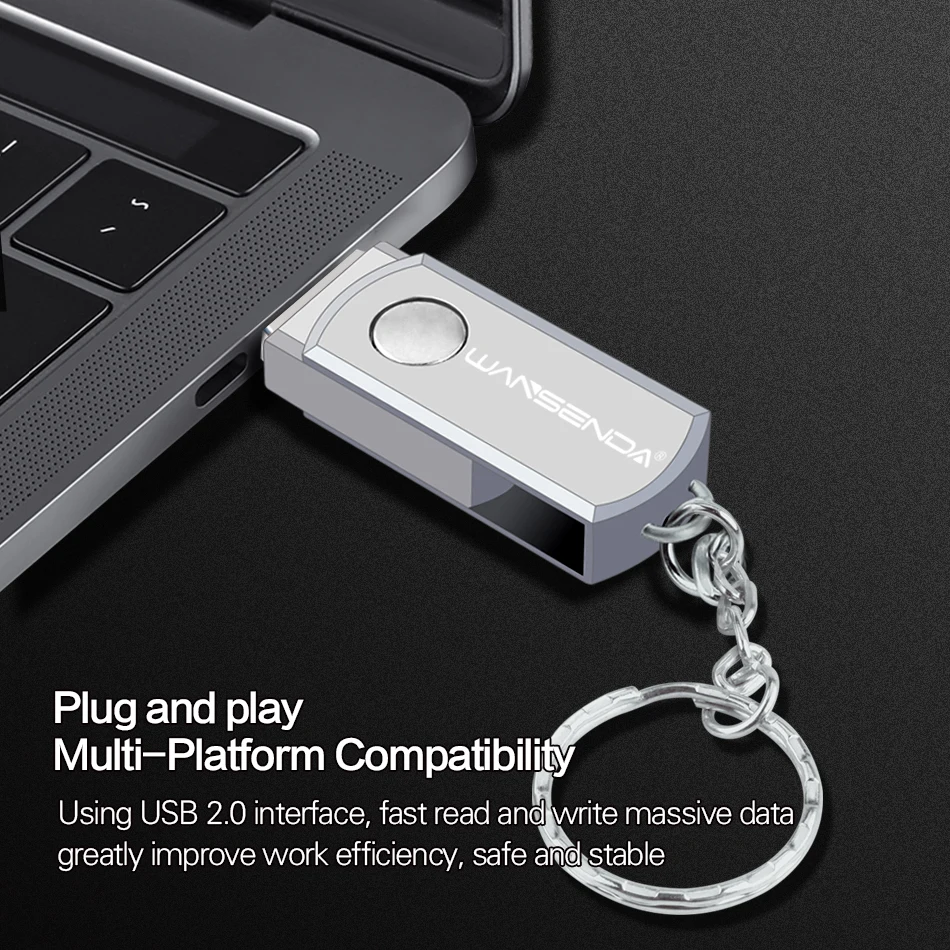 WANSENDA Móc Khóa Đèn LED Cổng USB Kim Loại Bút 4GB 8GB 16GB 32GB 64GB 128GB quay USB Thẻ Nhớ Ổ Đĩa Flash