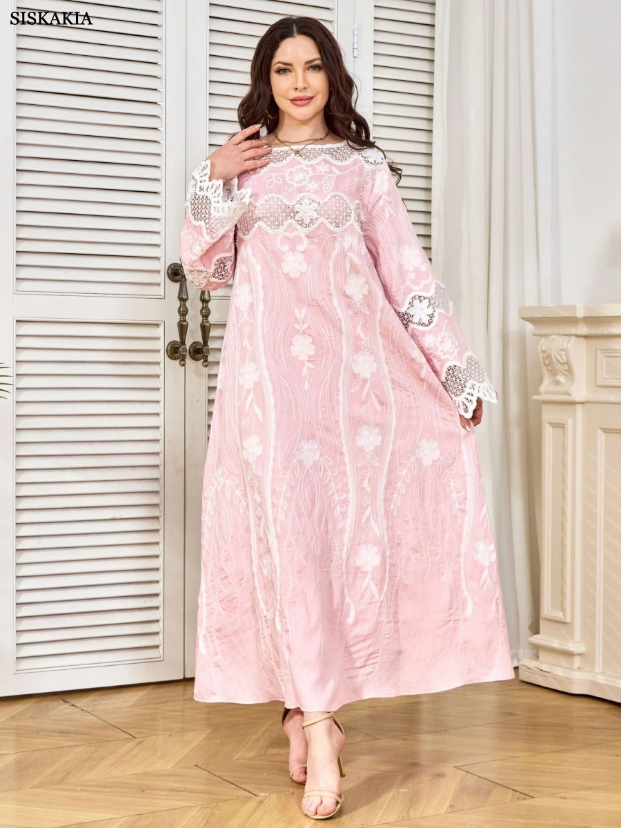 Siskakia Moroccan Kaftan Dress Elegant Casual Mesh Sleeve Jacquard Dresses For Women Gala