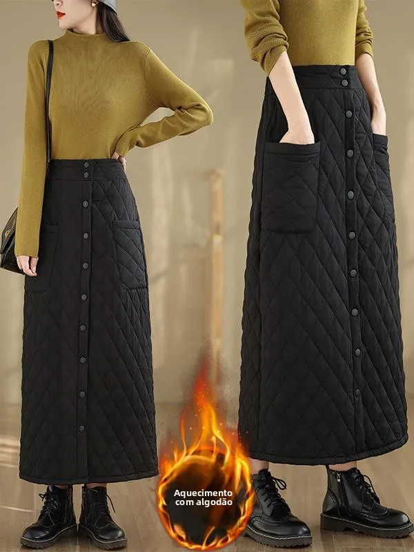 

High Waist Extended Length Cotton Mid-Length Women's Skirt Windproof Fleece Lined A-Line Midi Skirt for plus Size Ladies