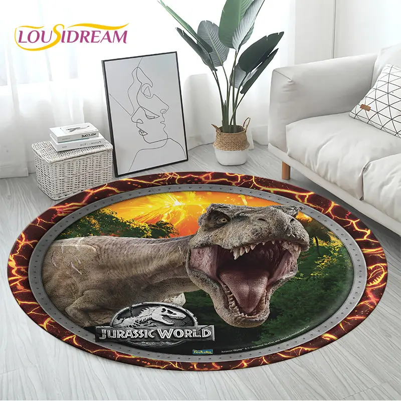 3D Cartoon Jurassic Park Dinosaur Area Rug,Round Carpet Rug for Living Room Bedroom Sofa Decor,Children Play Non-slip Floor Mat