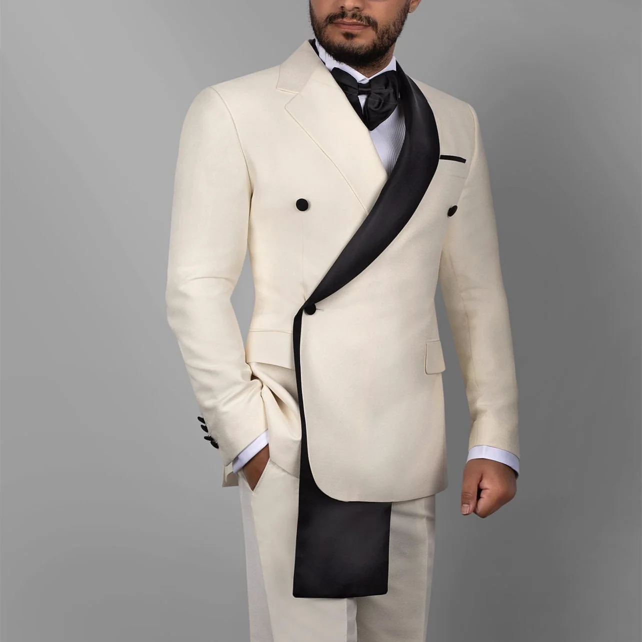 

Custom Made Men Suits Ivory/Black Groom Tuxedos Notch/Shawl Lapel Groomsmen 2 Pieces Set ( Jacket + Pants + Bow tie ) D496