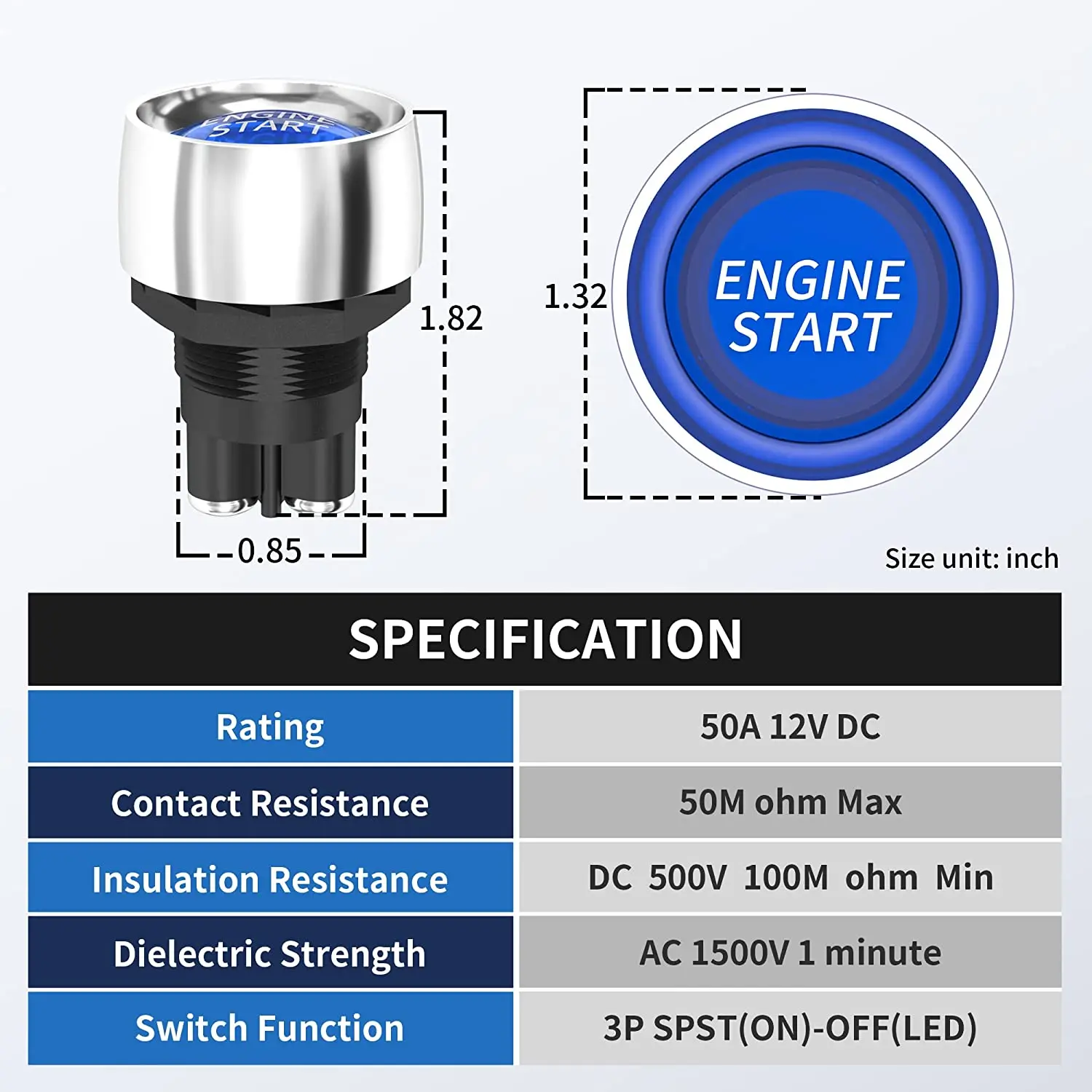 1PC Car Engine Start Ignition Switch 12V 50A 3 Pin SPST Momentary Keyless Push Button Starter Switches ON OFF For Cars Marine RV