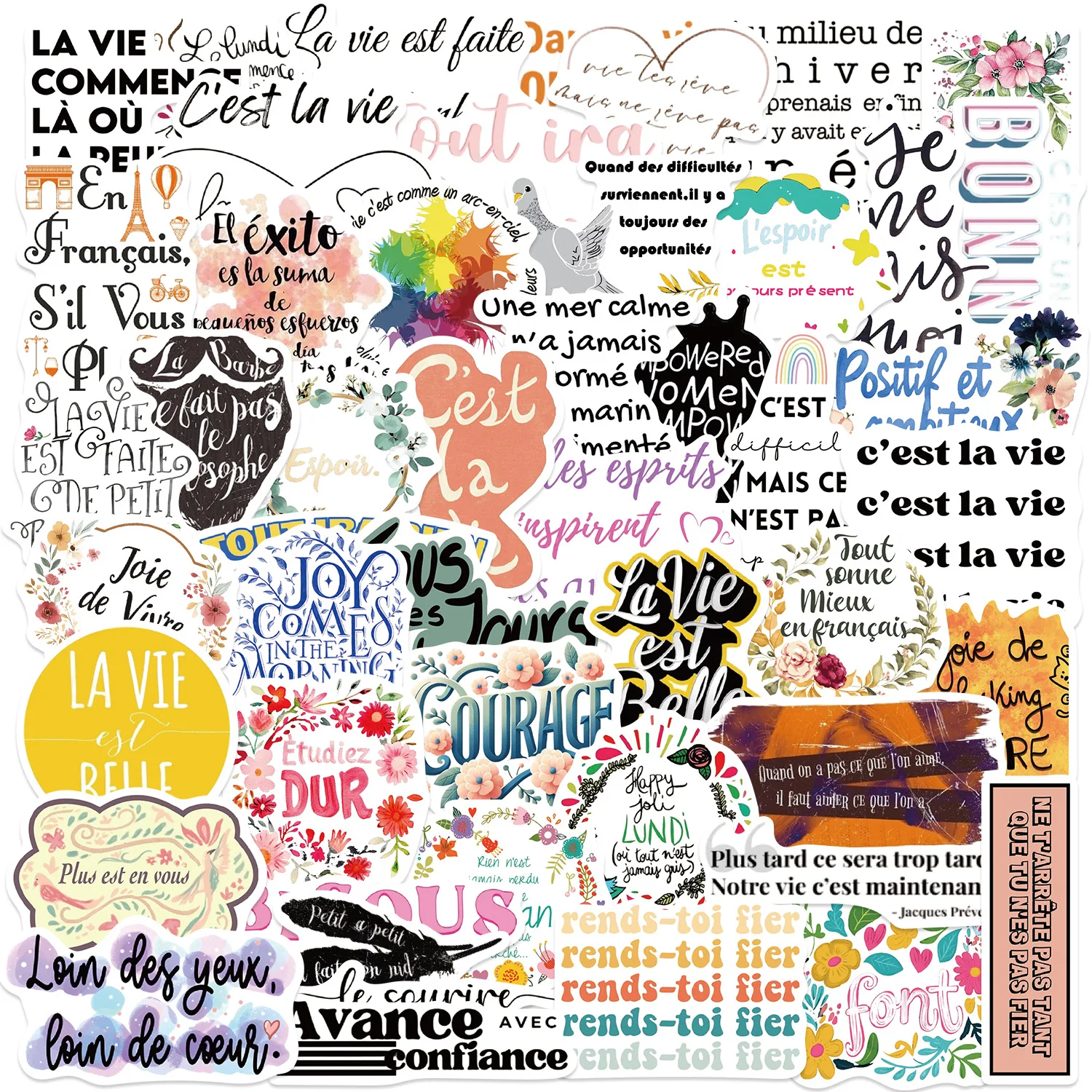 50 Uds. Pegatinas de dibujos animados con frases francesas, decoración de Graffiti inspiradora, juguetes DIY, maleta, nevera, portátil, guitarra, coche, bicicleta, calcomanías