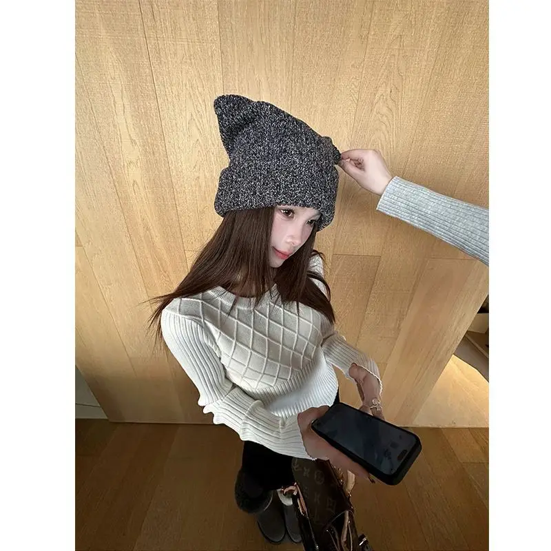 Kimutomo Women Autumn New Arrival Rhombus Pattern Crew Neck Long Sleeve Knit Top Casual Slim Fit Simple Versatile Basic Shirt