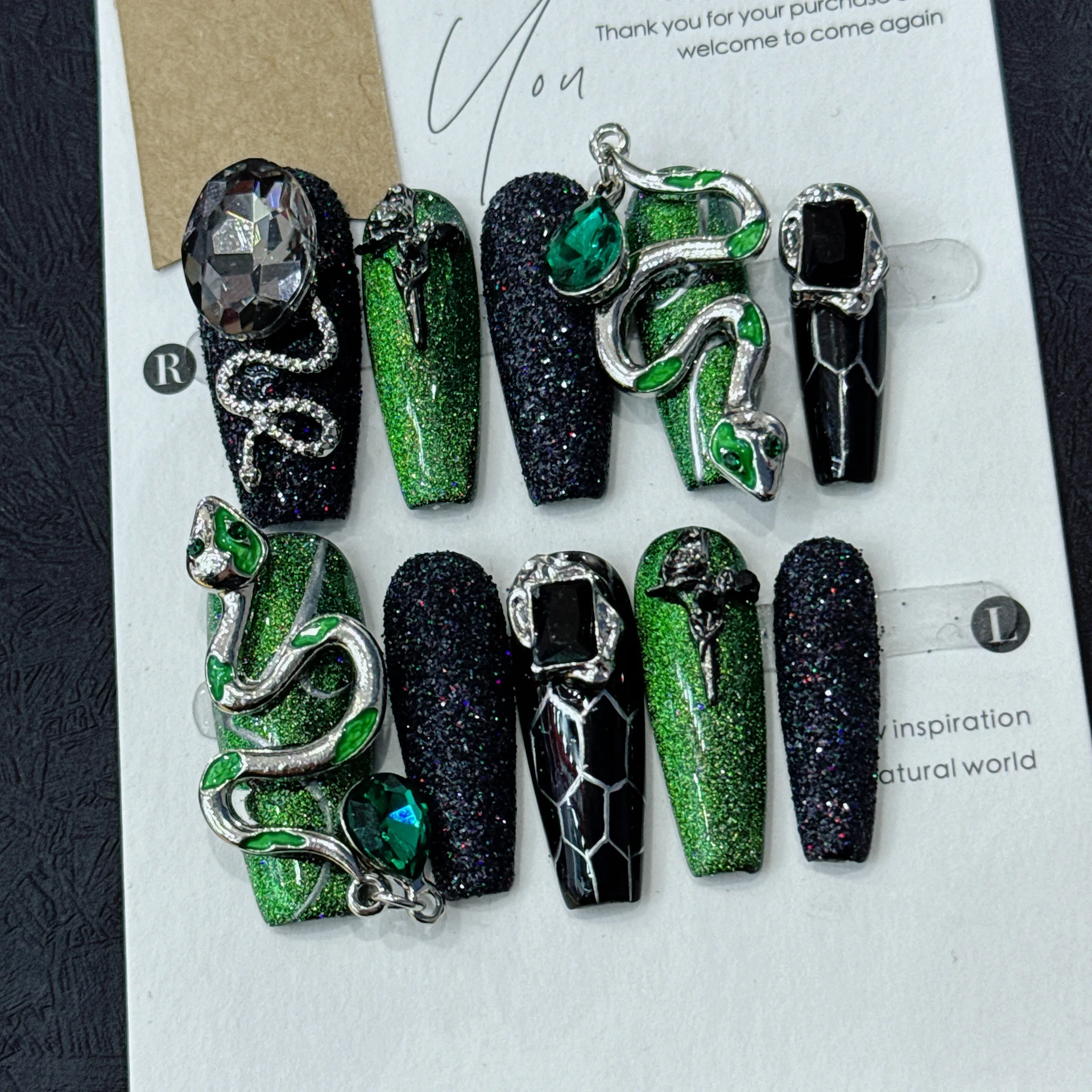 Uñas postizas de serpiente verde, Parche de Uñas postizas, glittle brillante, decoración de gemas de animales 3d de dibujos animados extendidos, puntas de Arte de uñas falsas, presione