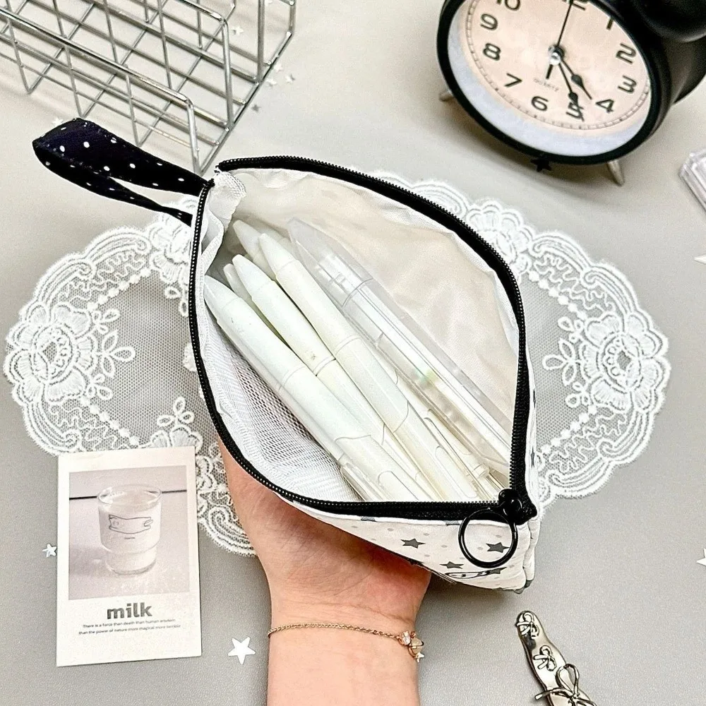 Portable Star Cat Print Pencil Case Handheld Large Capacity Pencil Pouch with Transparent Window Stationery Bag School Supplies