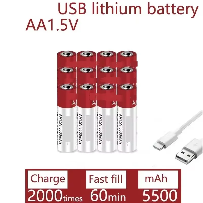 For Daweikala AA USB rechargeable Li ion battery 1.5V AA 5500mah / Li ion battery watch for toys MP3 player thermometer keyboard