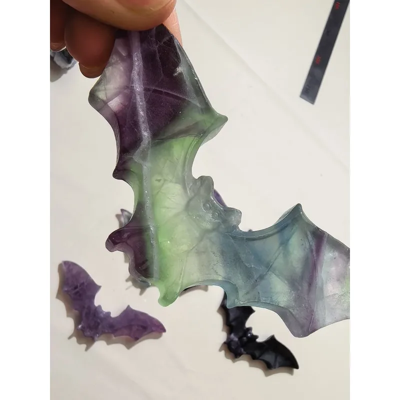 Natural Rainbow Fluorite Bat Carving Crystal Animal Figurine Purple Green Stone Statue Halloween Decor Collectible Gemstone Gift