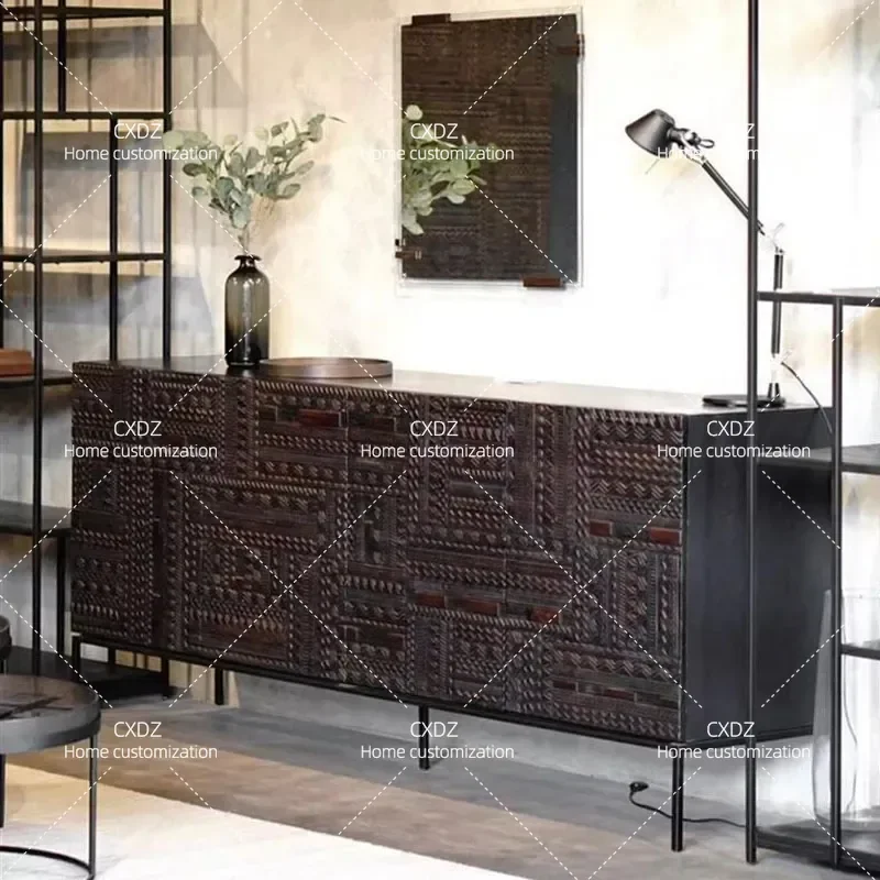 Nordic retro light luxury teak tower tile carved dining side cabinet medieval industrial style solid wood door cabinet
