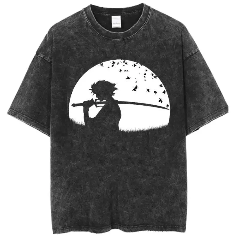 

Wash Printing BANDAI Japanese Anime Chaos Samur Samur Champloo Retro Washed Old Short-sleeved Cotton T-shirt for Men and Women