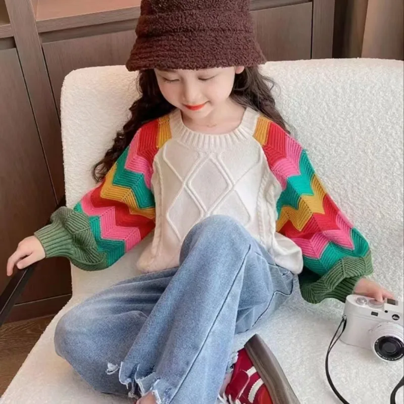 Rainbow Sleeve Girls' Thick Sweater 2024 Autumn/Winter New Baby Fashion Sweater Coat Girls' Knitted Sweater 3-9Y