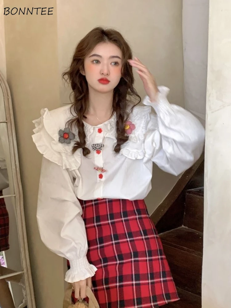 

Белые рубашки женские с цветочным узором 3D милый воротник Питера Пэна весна свободный крой корейский стиль милые студенческие универсальные дизайнерские девушки на каждый день