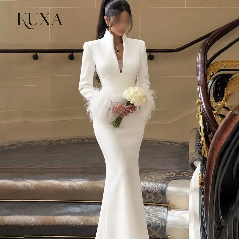 KUXA Deep V Neck High Collar Long Sleeve Feather Wedding Dress Floor Length Bridal Vestidos De Novia Customized فستان الزفاف