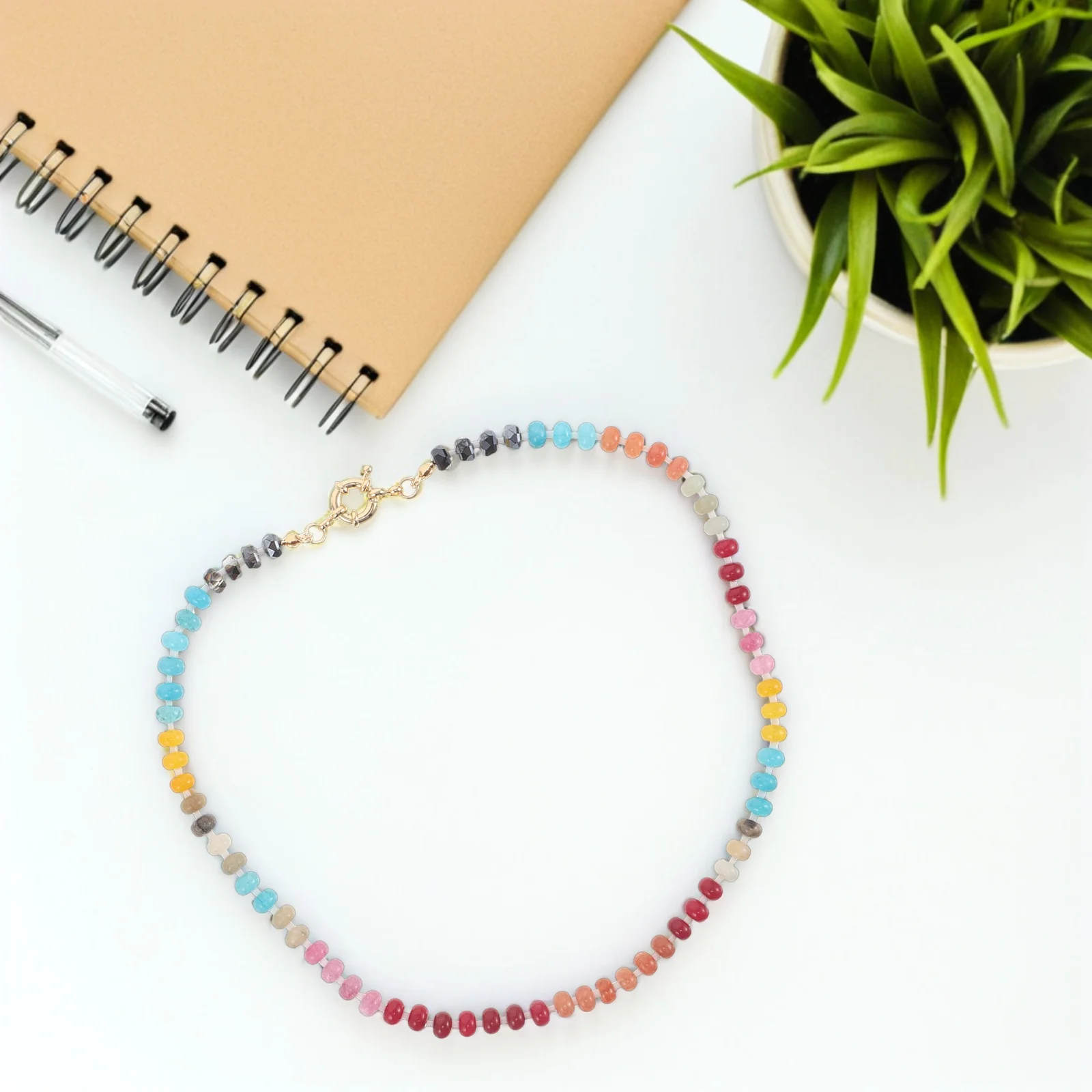 

Colorful Stone Beaded Necklace Stainless Steel Abacus Retro Vintage Design Lightweight Beach Jewelry