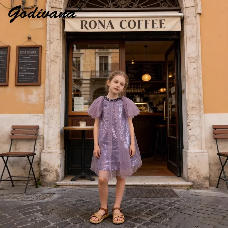 Little Girls European Style Elegant Princess Dress 2026 Summer New Fashion Cute Kids Mesh Sequined O-neck Flying Sleeve Dresses