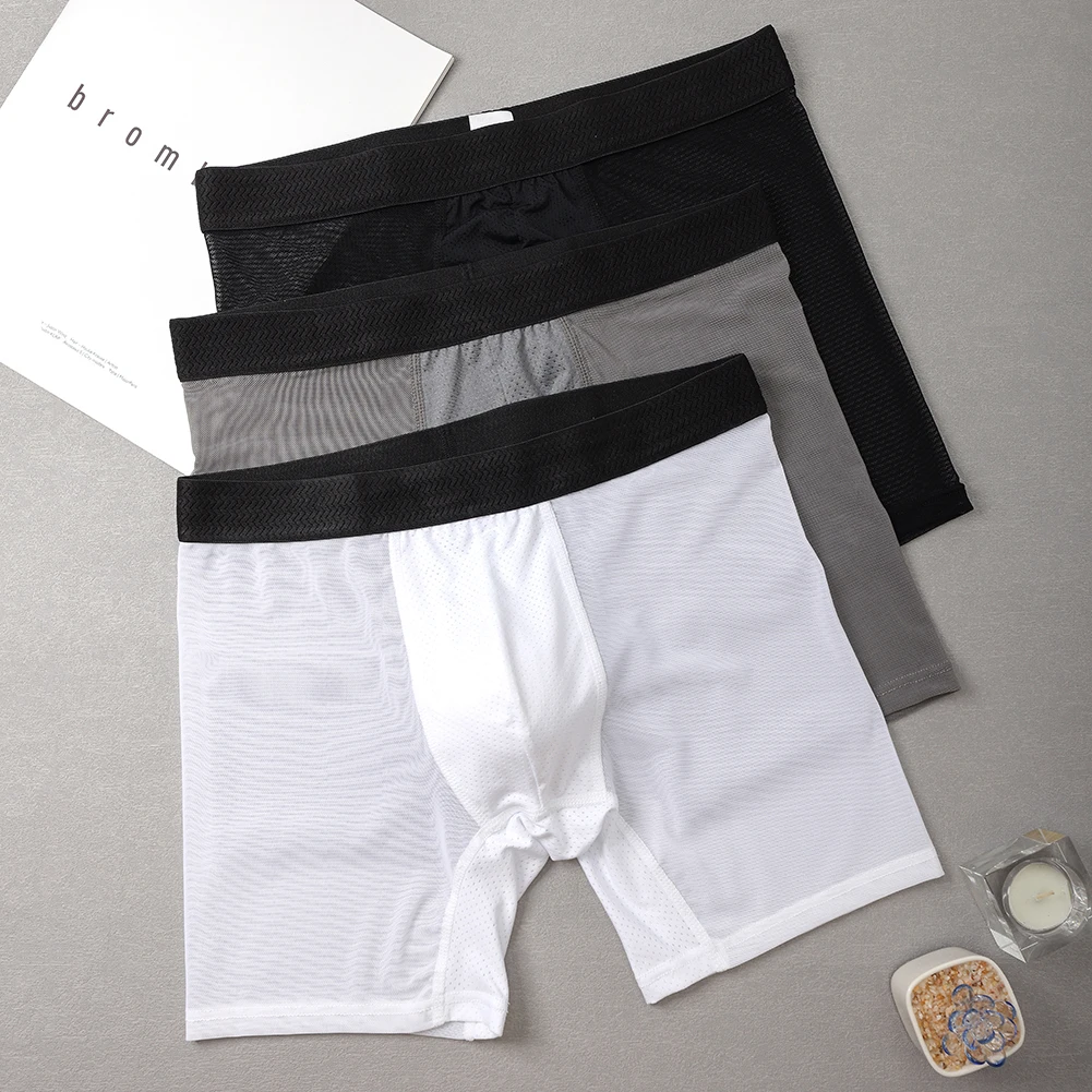 Fitness Running Men Thin Sheer Mesh Long Leg Shorts Boxers Middle Rise Plus Size XL-5XL Size Underwear Boxer Trunks