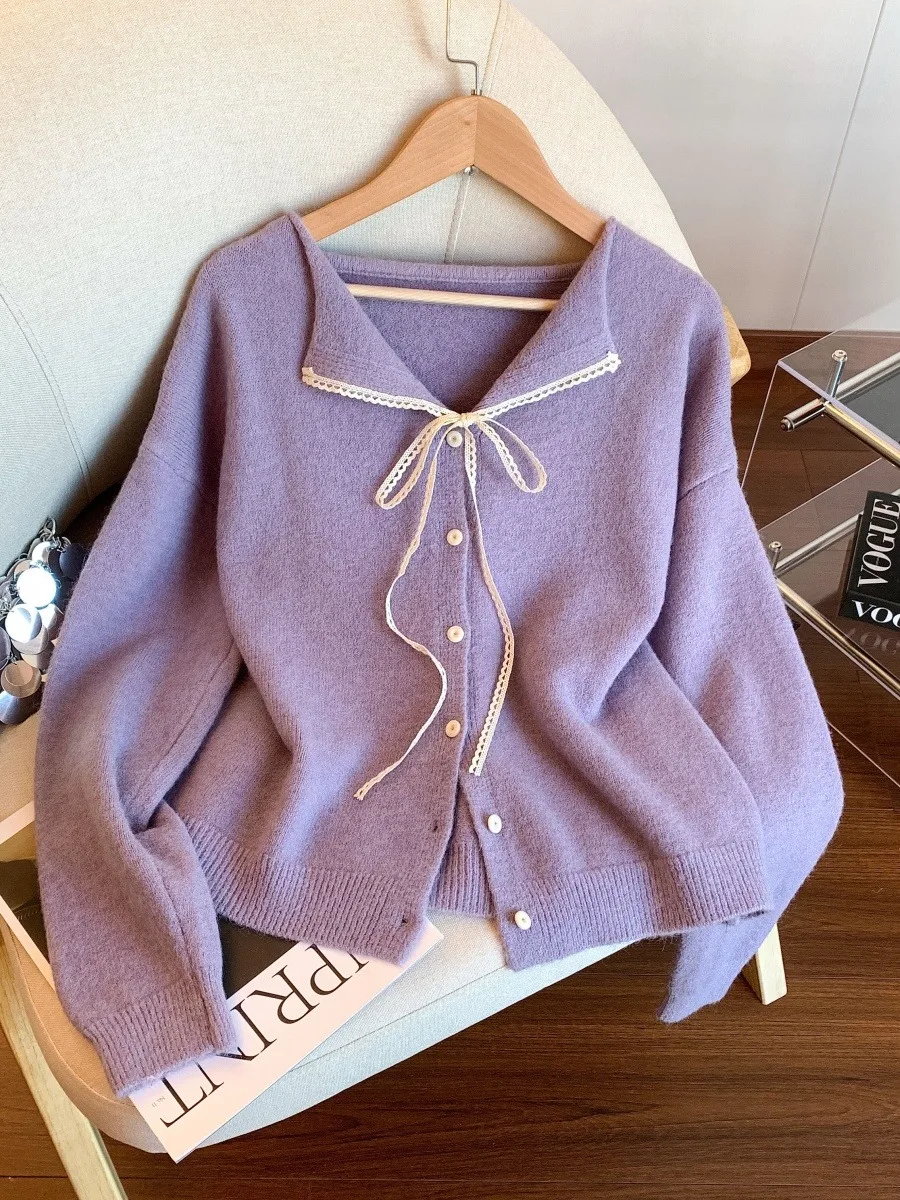 Unique Beautiful Purple  Knot Lace Sweater Coat Women's Autumn Winter Thiened Knitted Soft Outerwear Top