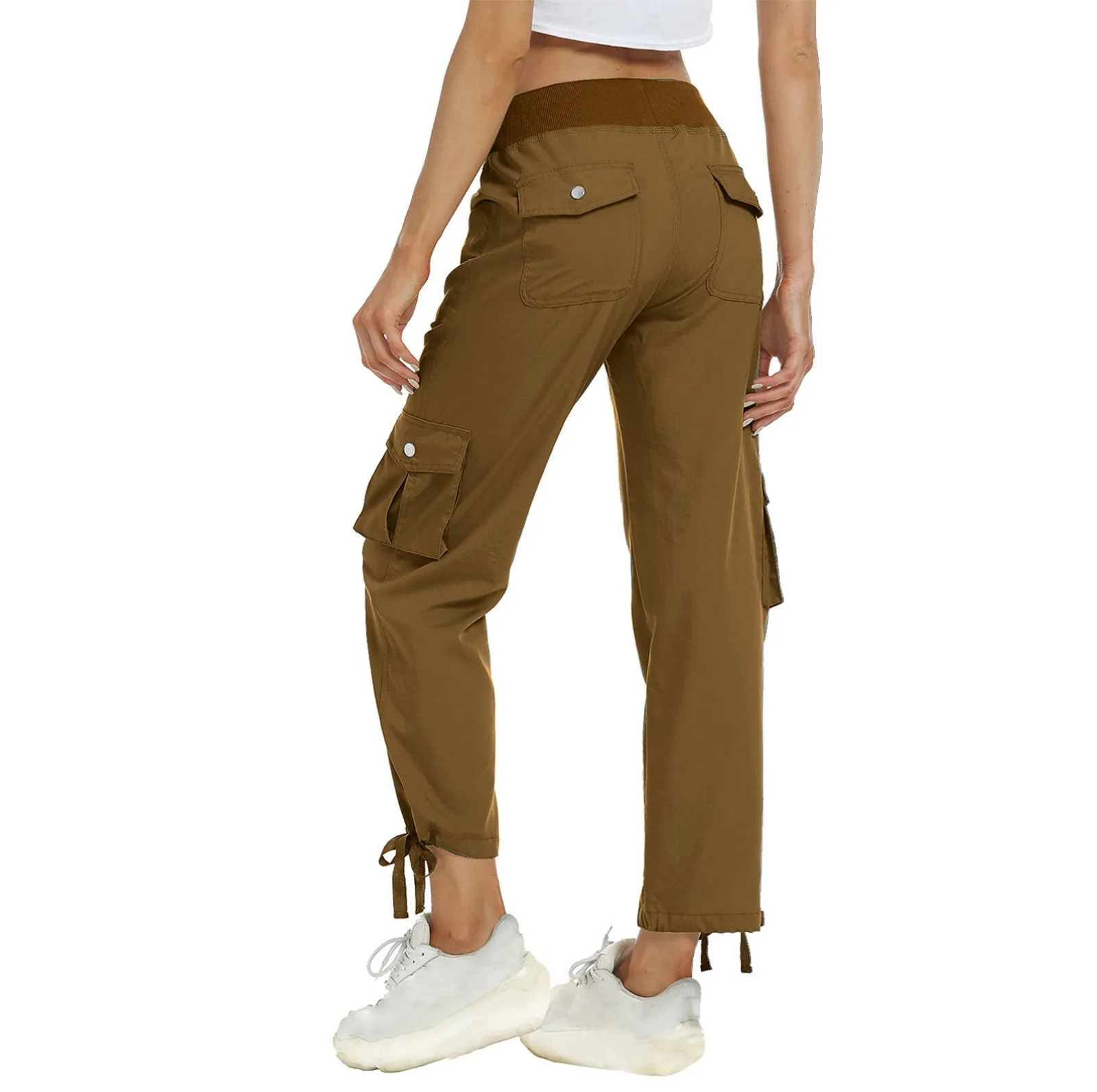 Calça feminina de cintura alta de inspiração vintage com cordão, calça retrô casual, bolsos múltiplos