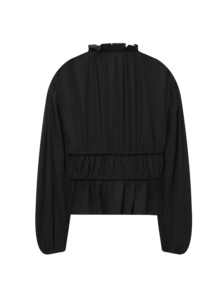 2026 nova mulher arco rendas até camisas casuais manga longa babados gola ajuste camisa feminina cor sólida moda blusa topos