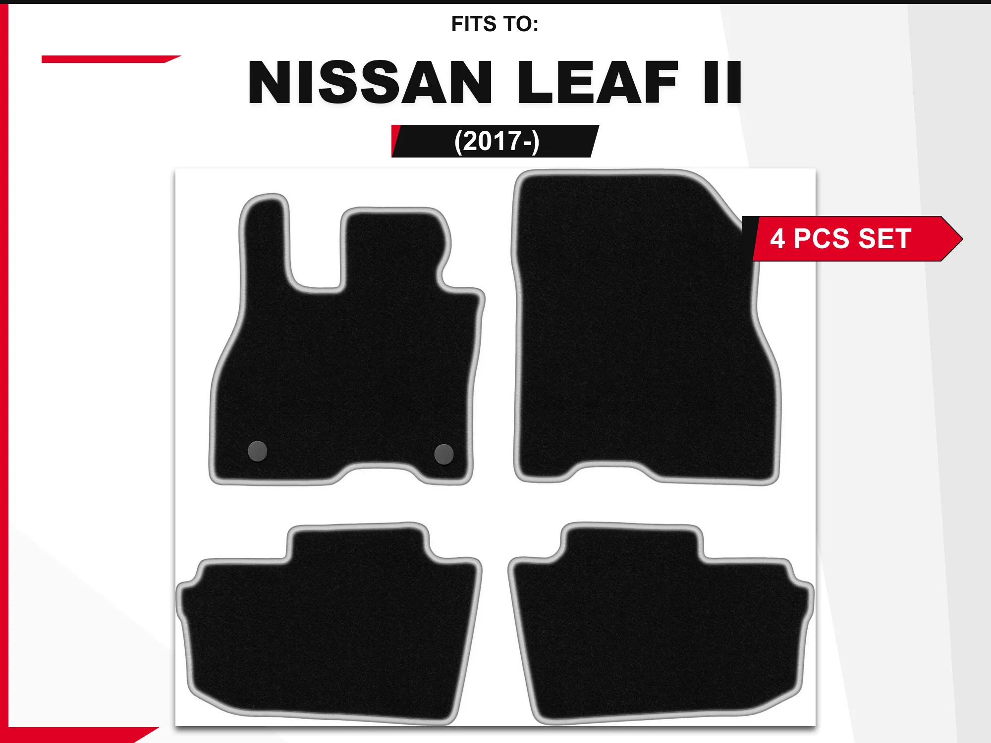 2017 velours vloerkleden voor: Nissan Leaf II-hatchback zwart en zilver, bijpassende set autovloerbedekking
