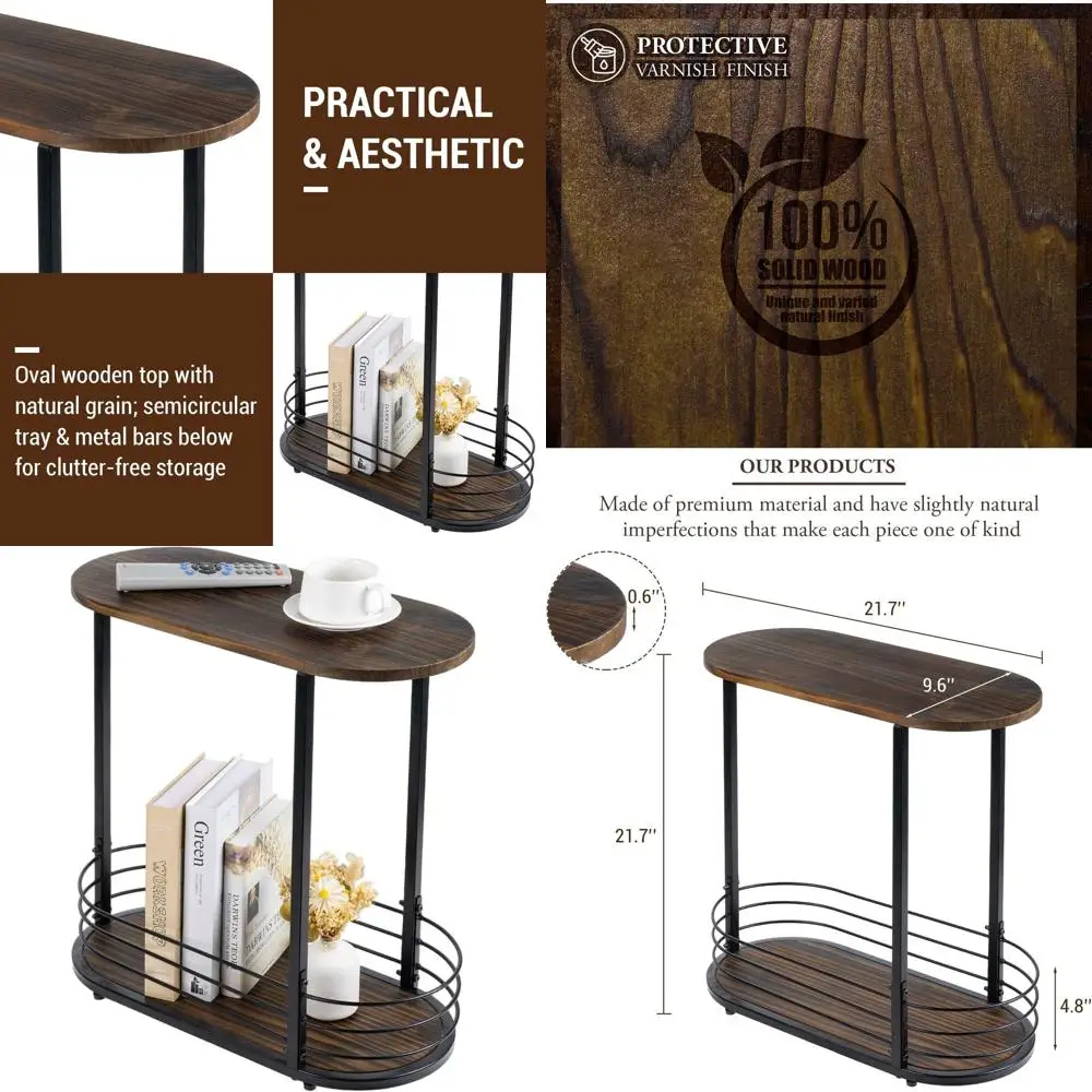 

21 Brown Wooden Oval Side Table with 2-tier Storage for Living Room & Sofa Area