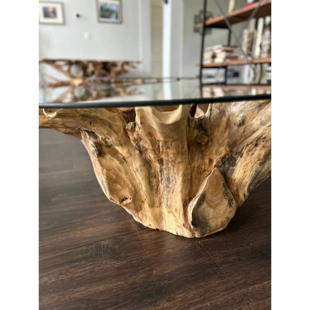 XMSJ Teak Root Coffee Table with Glass Top