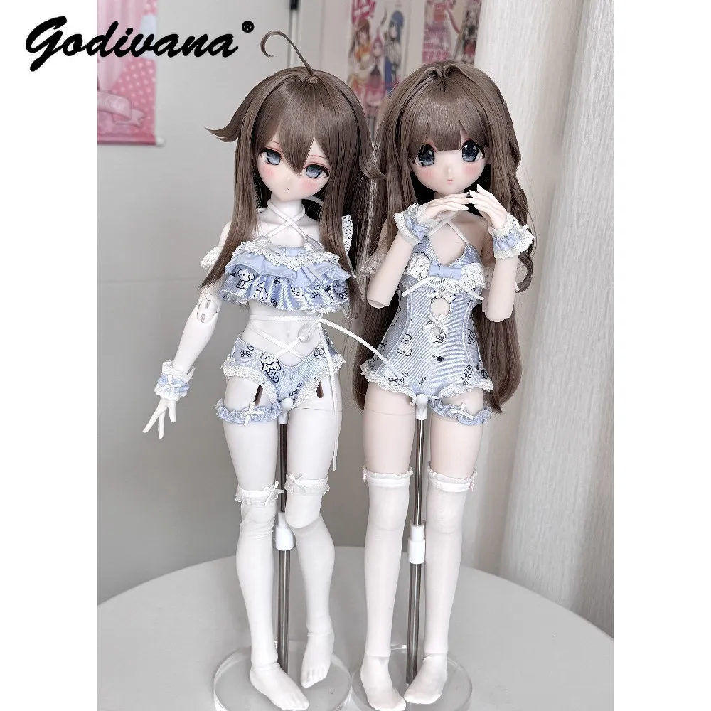 Sommer-Badeanzug für BJD-Puppen, niedlicher Cartoon-Print, Rüschen-Bikini und einteiliger Badeanzug, Handgelenkmanschetten, Strandkleidung, passend für 1/4 BJD