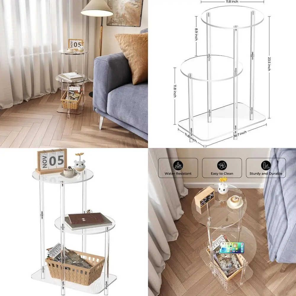 

Clear Acrylic 3-Tier Round Side Table, Small Bedside or Entryway Accent Furniture, Suitable for Living Room, Bedroom, Hallway, 1