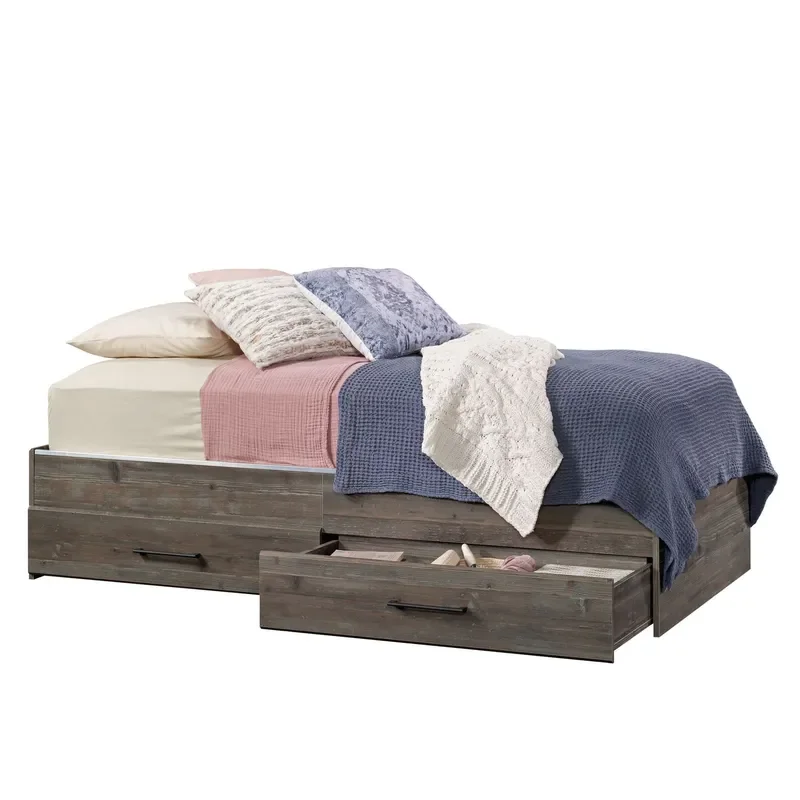 Retro Platform Bed with Large Double-Sided Pull-Out Drawers Solid Wood Storage Frame for Bedroom Home Furniture