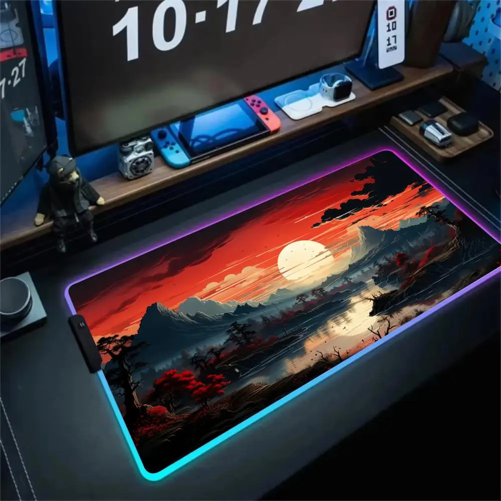 

RGB Mouse pad Digital art Red Landscape LED glow gaming mat rubber anti-slip Desk Mat pc accessories Gaming keypad mousepad
