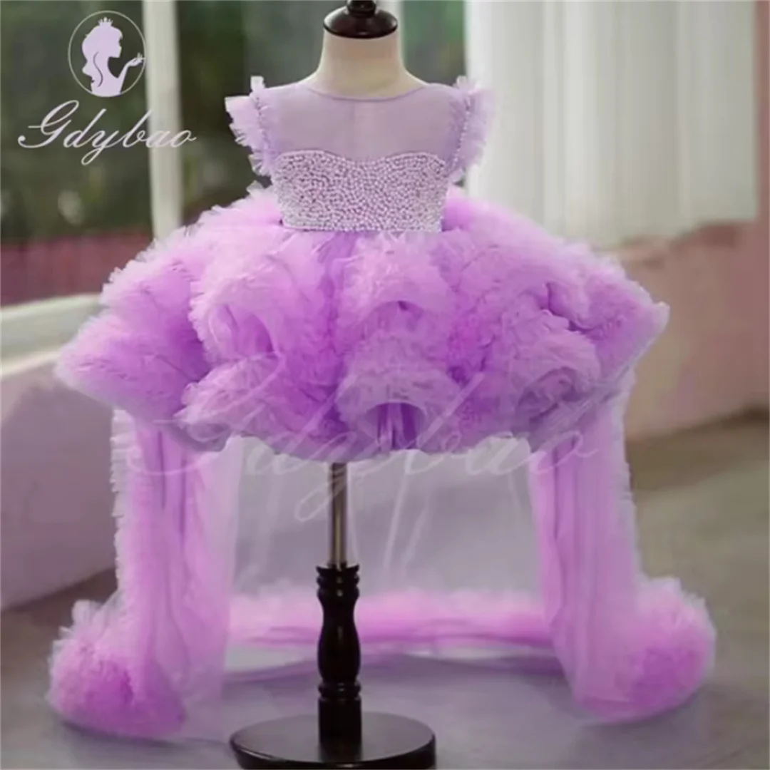 Royal blue Flower Girl Dress For Wedding Tulle Layered Puffy With Pearls Baby Kids Birthday Party Ball First Communion Gowns
