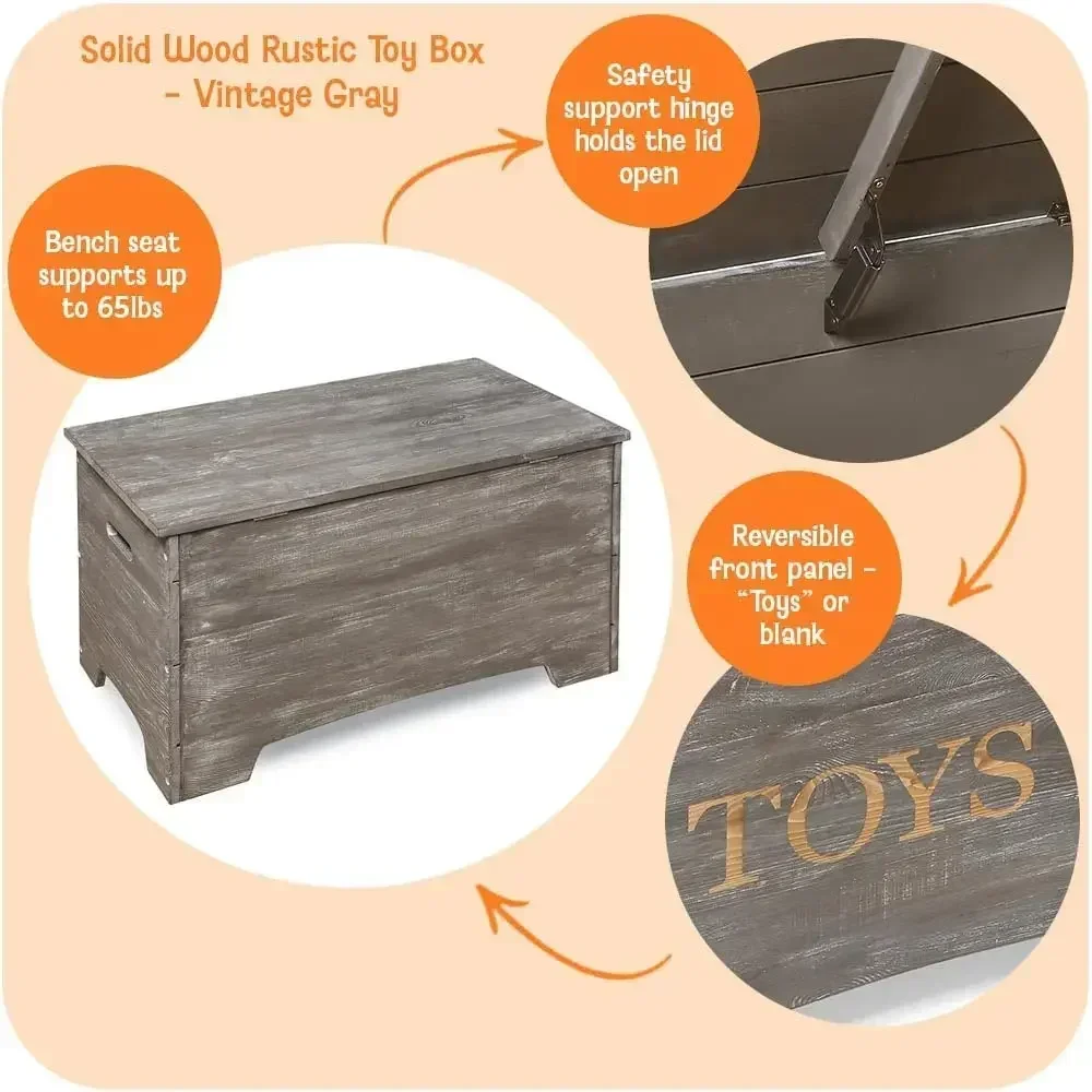 

Farmhouse Solid Wood Rustic Toy Box with Reversible Panel - Distressed White, Safety Hinges & Customizable Storage